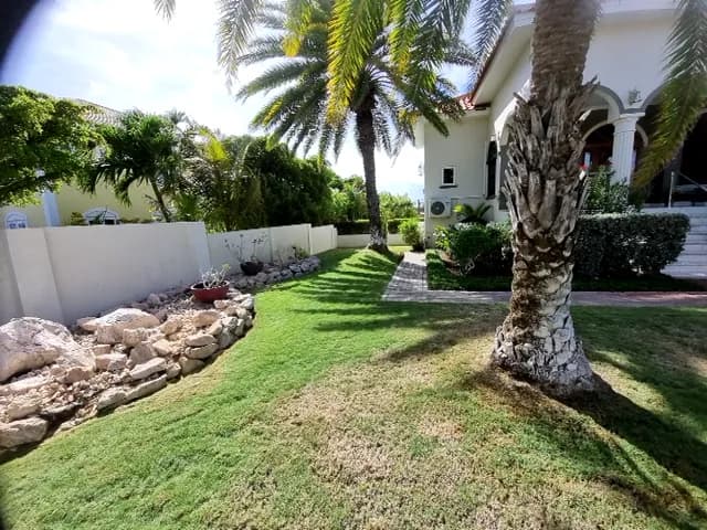 Cantero de piedras junto a palmeras altas en la entrada de una vivienda blanca
